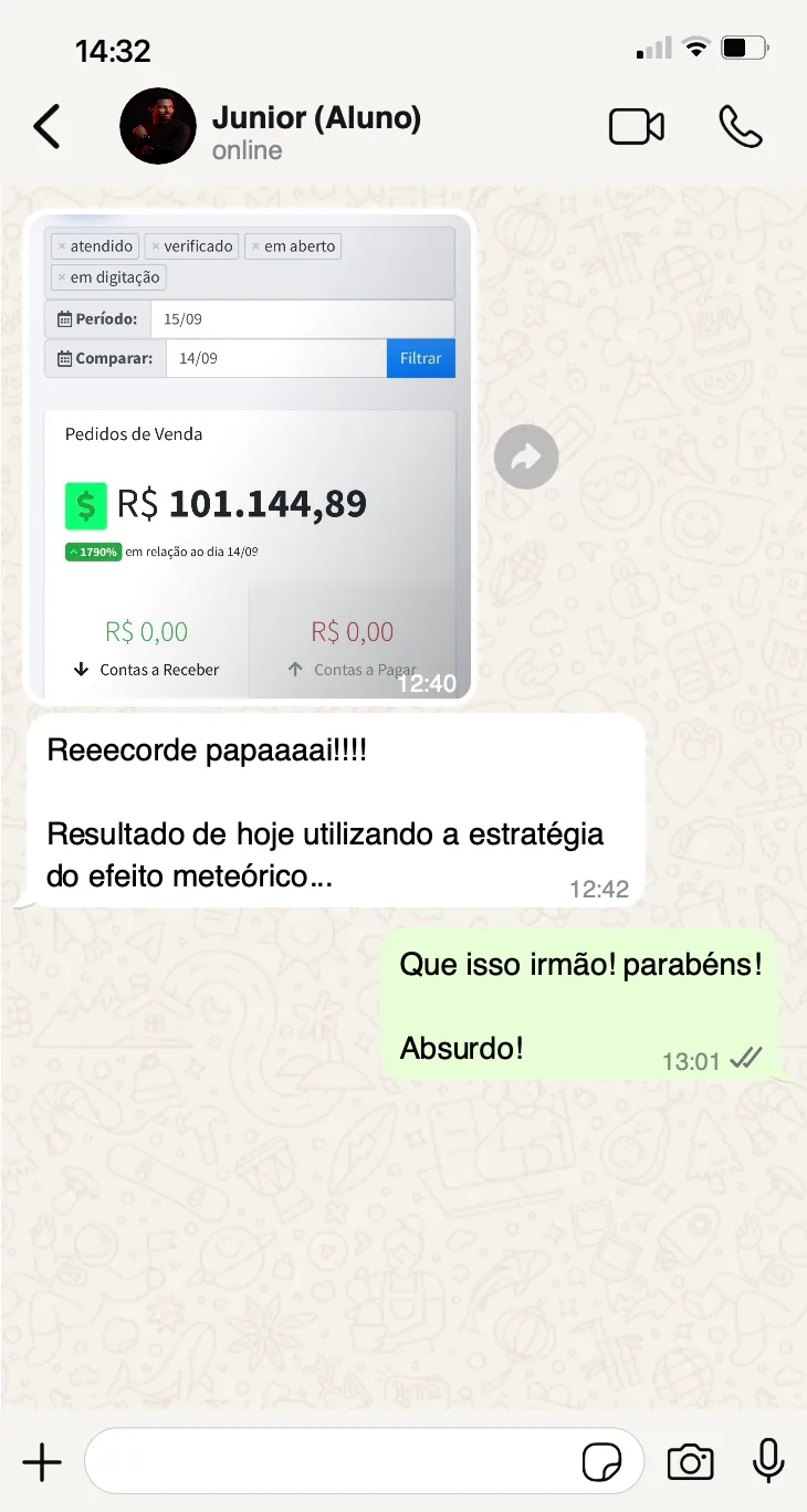 Print de WhatsApp de aluno relatando recorde de R$ 101.144,89 em pedidos de venda em um único dia